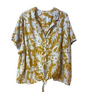 AVA & VIV Tropical Linen Blend Button Down Front Tie Short Sleeve Top, 3X